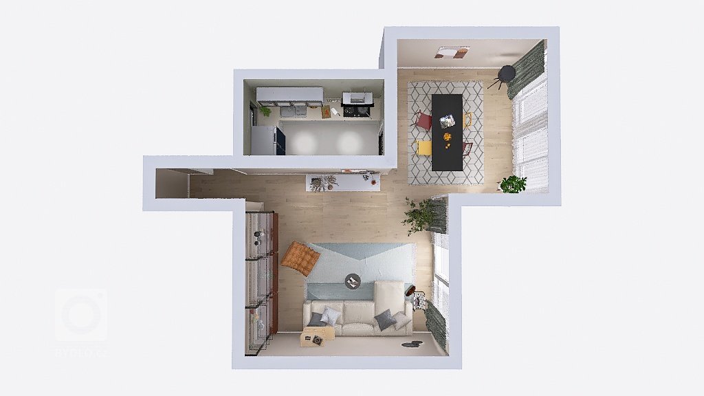 Provedení vizualizace podle předlohy klienta. Prosvětlený interiér, hravé a barevné prvky, originální kusy nábytku. Vizualizace provedená v částech kuchyně,…