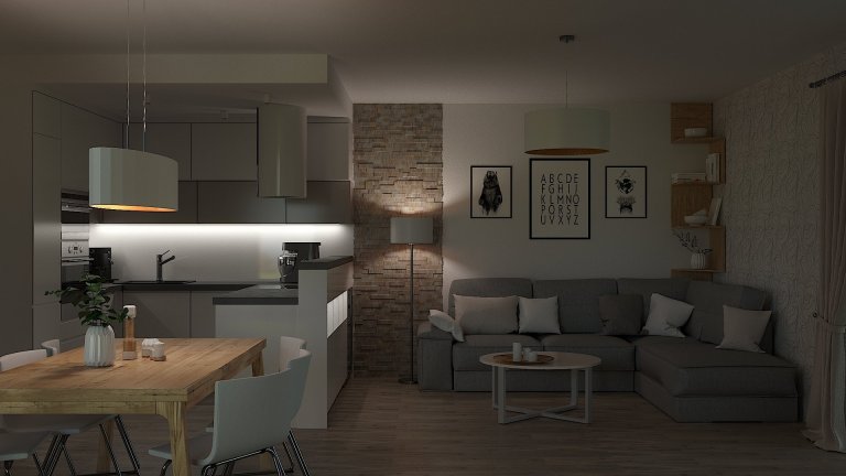 Návrh a vizualizace obývacího pokoje s kuchyňským koutem a jídelnou. Požadavek na čisté moderní pojetí s teplejšími barvami a důrazem na atmosférické osvětlení…