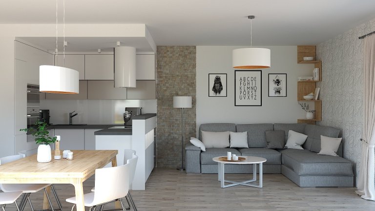 Návrh a vizualizace obývacího pokoje s kuchyňským koutem a jídelnou. Požadavek na čisté moderní pojetí s teplejšími barvami a důrazem na atmosférické osvětlení…