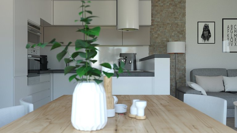 Návrh a vizualizace obývacího pokoje s kuchyňským koutem a jídelnou. Požadavek na čisté moderní pojetí s teplejšími barvami a důrazem na atmosférické osvětlení…