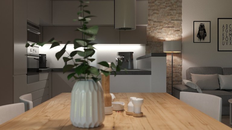 Návrh a vizualizace obývacího pokoje s kuchyňským koutem a jídelnou. Požadavek na čisté moderní pojetí s teplejšími barvami a důrazem na atmosférické osvětlení…