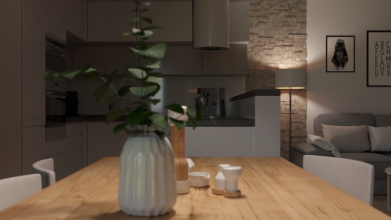 Návrh a vizualizace obývacího pokoje s kuchyňským koutem a jídelnou. Požadavek na čisté moderní pojetí s teplejšími barvami a důrazem na atmosférické osvětlení…