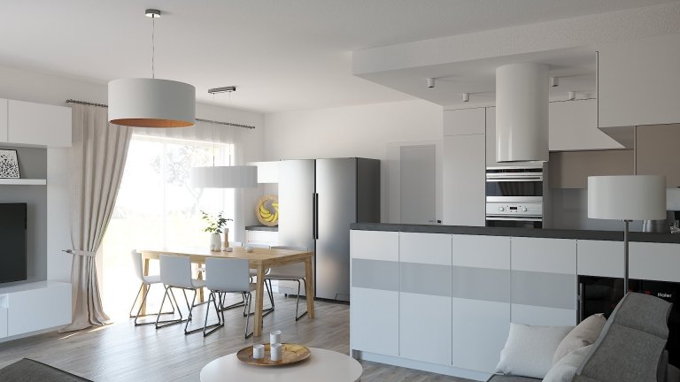 Návrh a vizualizace obývacího pokoje s kuchyňským koutem a jídelnou. Požadavek na čisté moderní pojetí s teplejšími barvami a důrazem na atmosférické osvětlení…