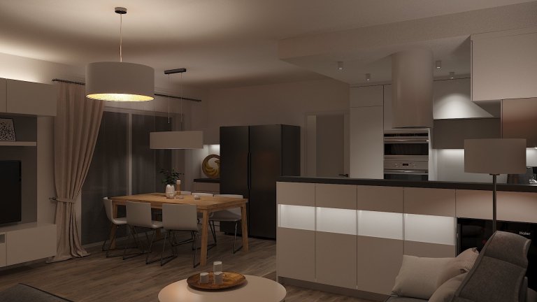 Návrh a vizualizace obývacího pokoje s kuchyňským koutem a jídelnou. Požadavek na čisté moderní pojetí s teplejšími barvami a důrazem na atmosférické osvětlení…