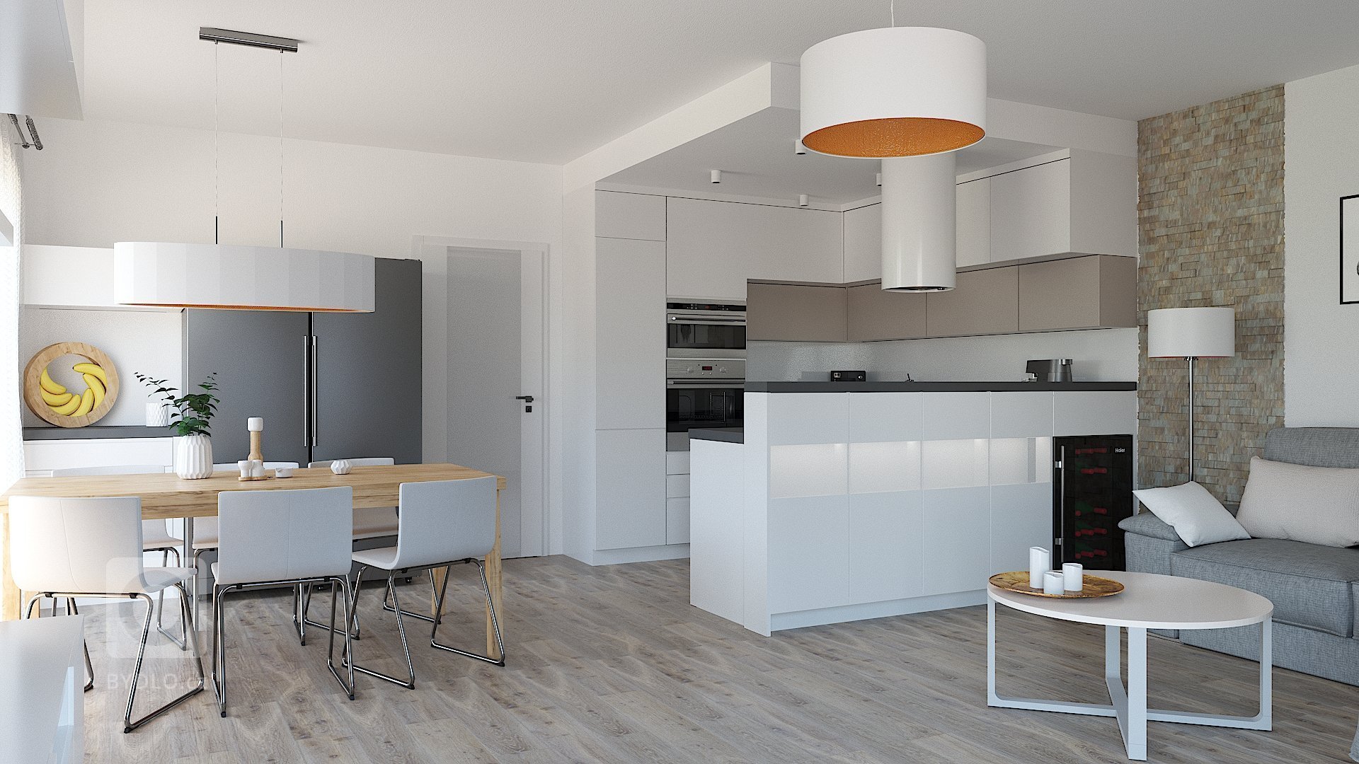 Návrh a vizualizace obývacího pokoje s kuchyňským koutem a jídelnou. Požadavek na čisté moderní pojetí s teplejšími barvami a důrazem na atmosférické osvětlení…